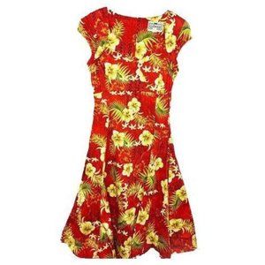 Collectif UK Dress Retro Red Hawaiian Print Pin Up Circle Tiki Swing XS